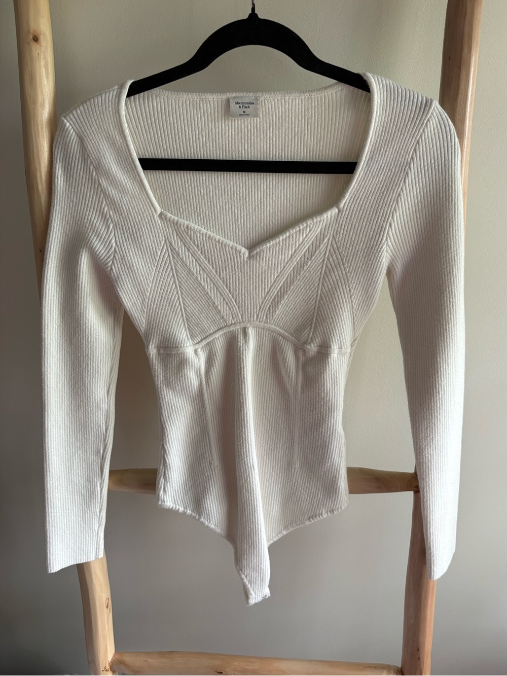 Abercrombie & Fitch Ivory Ribbed Long-Sleeve Bodysuit